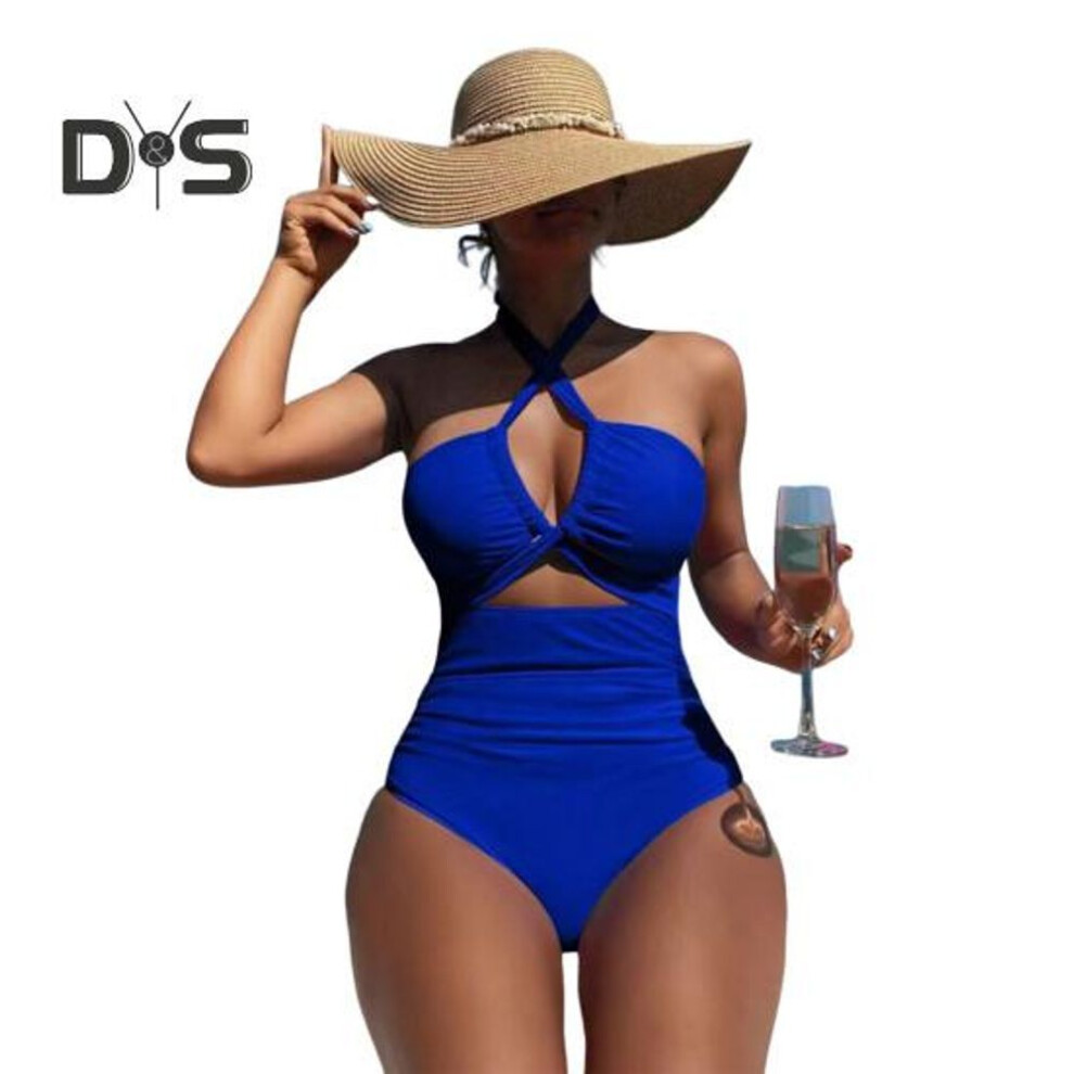 (S, royal blue) Women Monikni Sexy Suspender One-piece Bikini Slim Fit Padded No Underwire Swimsuit Beach Sports Wear