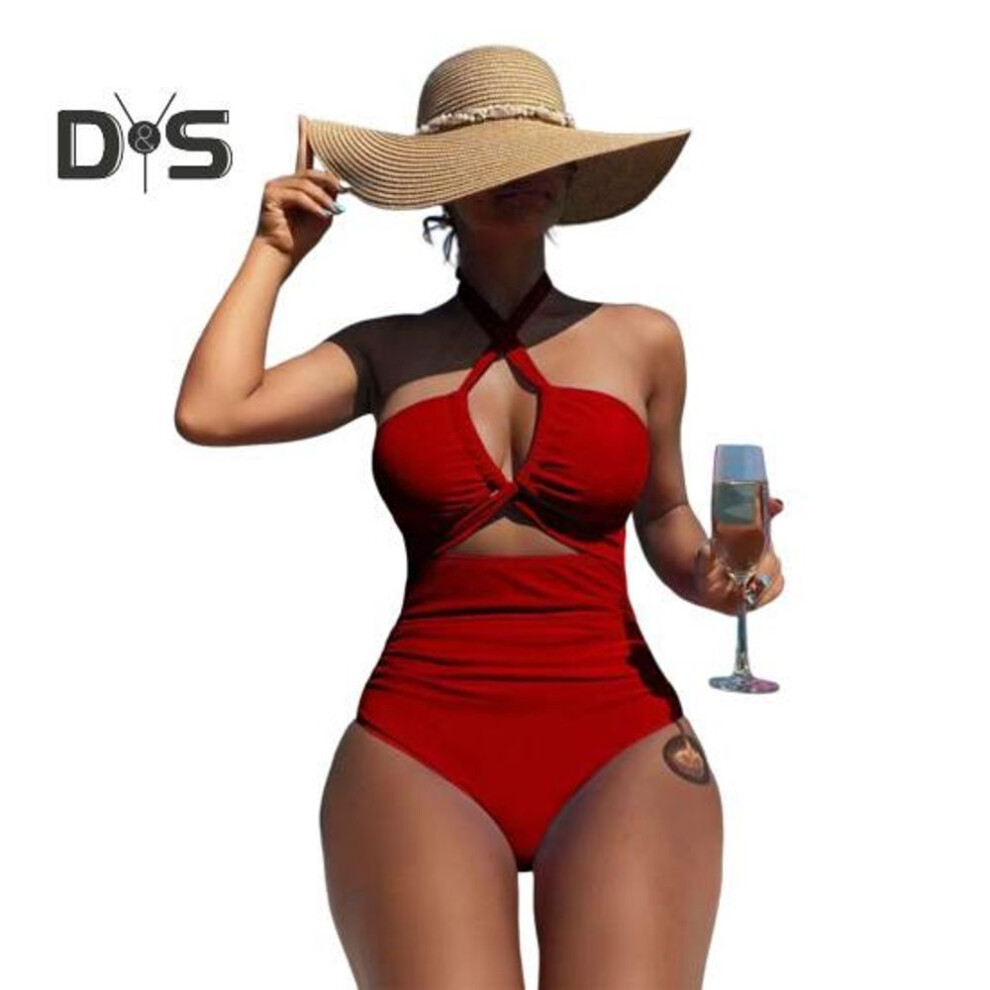 (L, red) Women Monikni Sexy Suspender One-Piece Bikini Slim Fit Padded No Underwire Swimsuit Beach Sports Wear