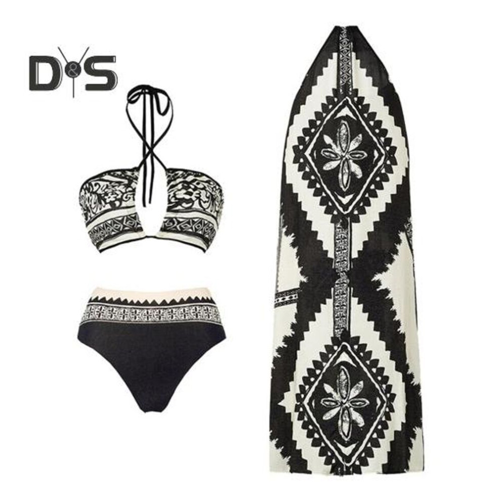 (S, black) 3Pcs/Set Women Swimsuit Set Lace-up Halter Bandeau Bra High Waist Briefs Set with Beach Skirt Vintage Printed Pattern Swimwear