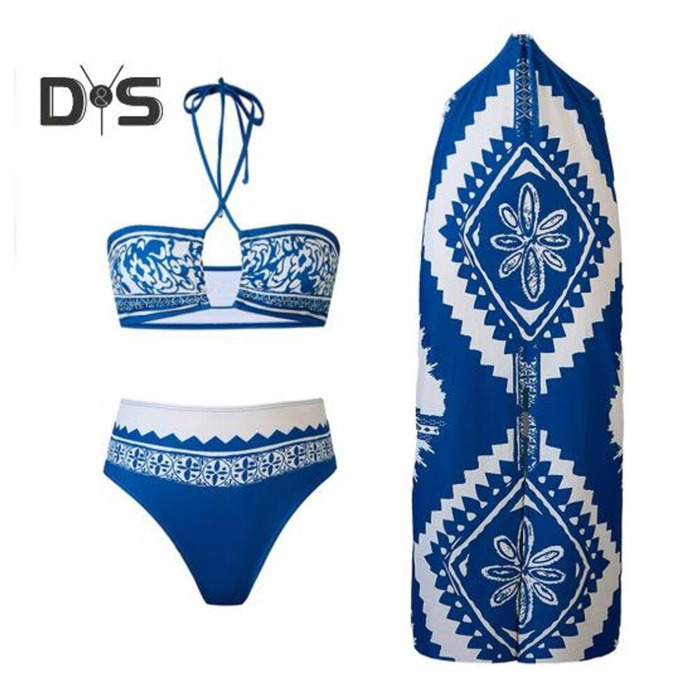 (S, blue) 3Pcs/Set Women Swimsuit Set Lace-up Halter Bandeau Bra High Waist Briefs Set with Beach Skirt Vintage Printed Pattern Swimwear