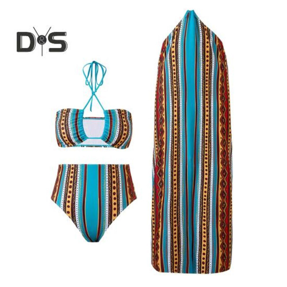 (L, lake blue) 3Pcs/Set Women Swimsuit Set Lace-up Halter Bandeau Bra High Waist Briefs Set with Beach Skirt Vintage Printed Pattern Swimwear