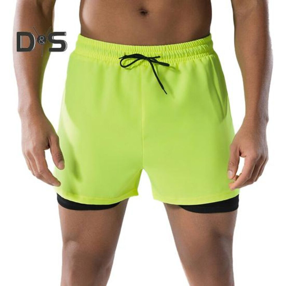 (fluorescent yellow, M) Men Swimming Shorts Double-layered Quick-drying Swim Trunks Drawstring Elastic Waist Surfing Hot Spring Bathing Shorts High Elasticity Comfort