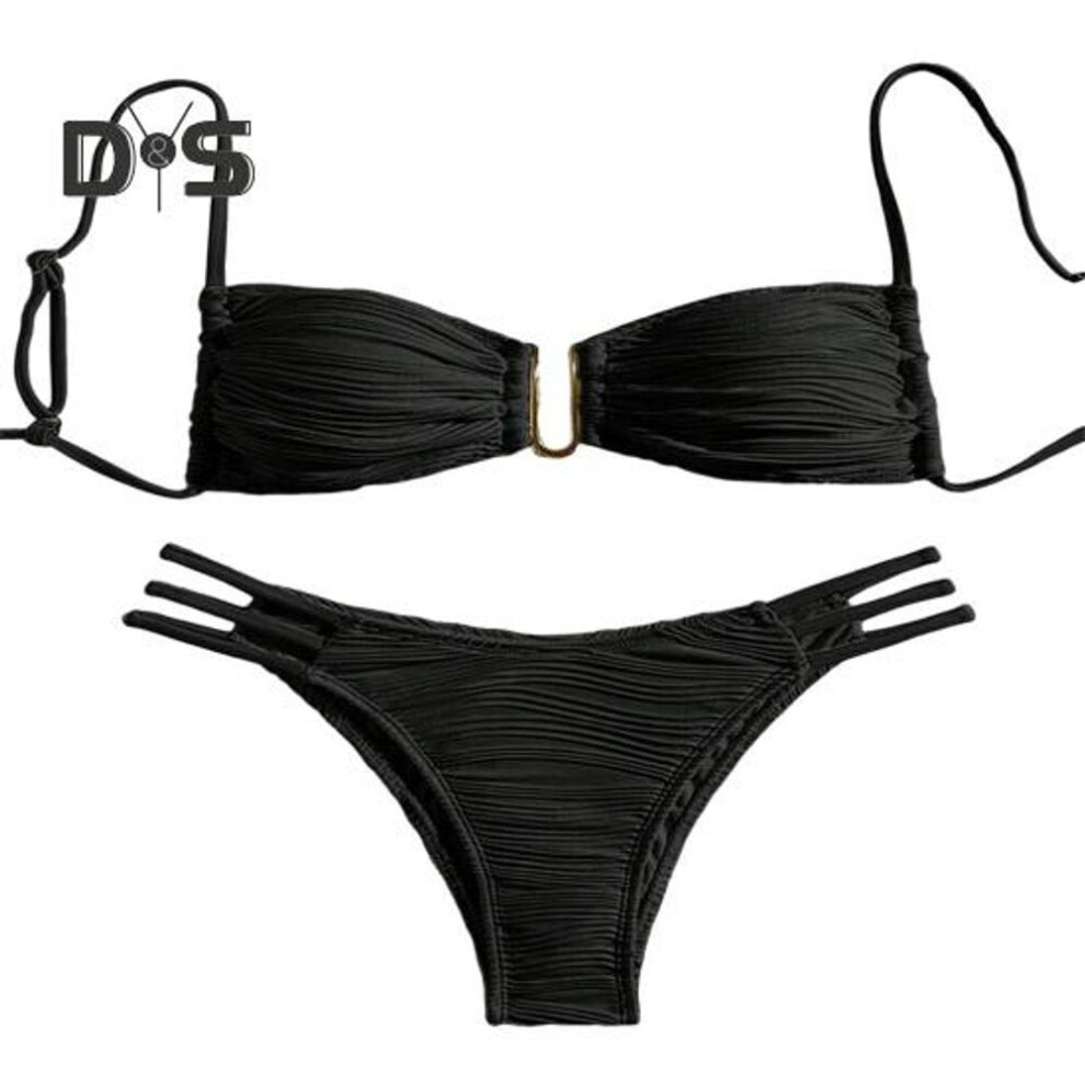 (S, black) 2Pcs/Set Women Bikini Set Sling Bandeau Padded Bra Wrinkle Texture Briefs Set Patchwork Color Split Swimsuit
