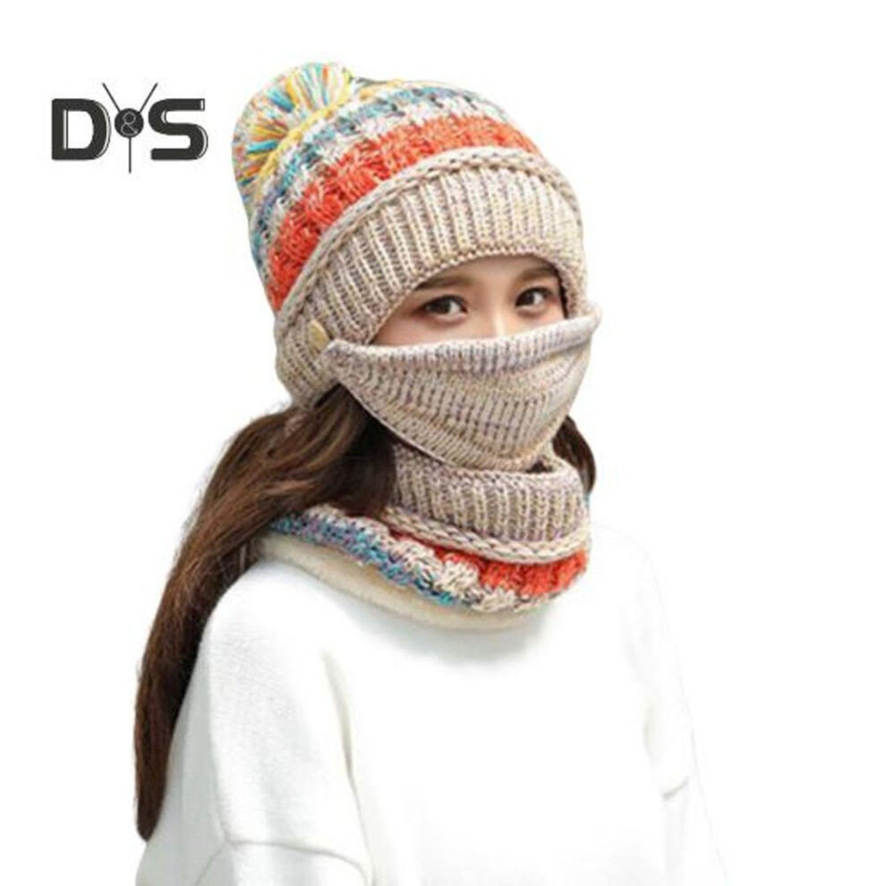 (beige) 3Pcs/Set Knitting Hat Scarf Set Thickened Plush Lining Furry Ball Decor Beanie Hat Neck Warmer Detachable Face Guard Set