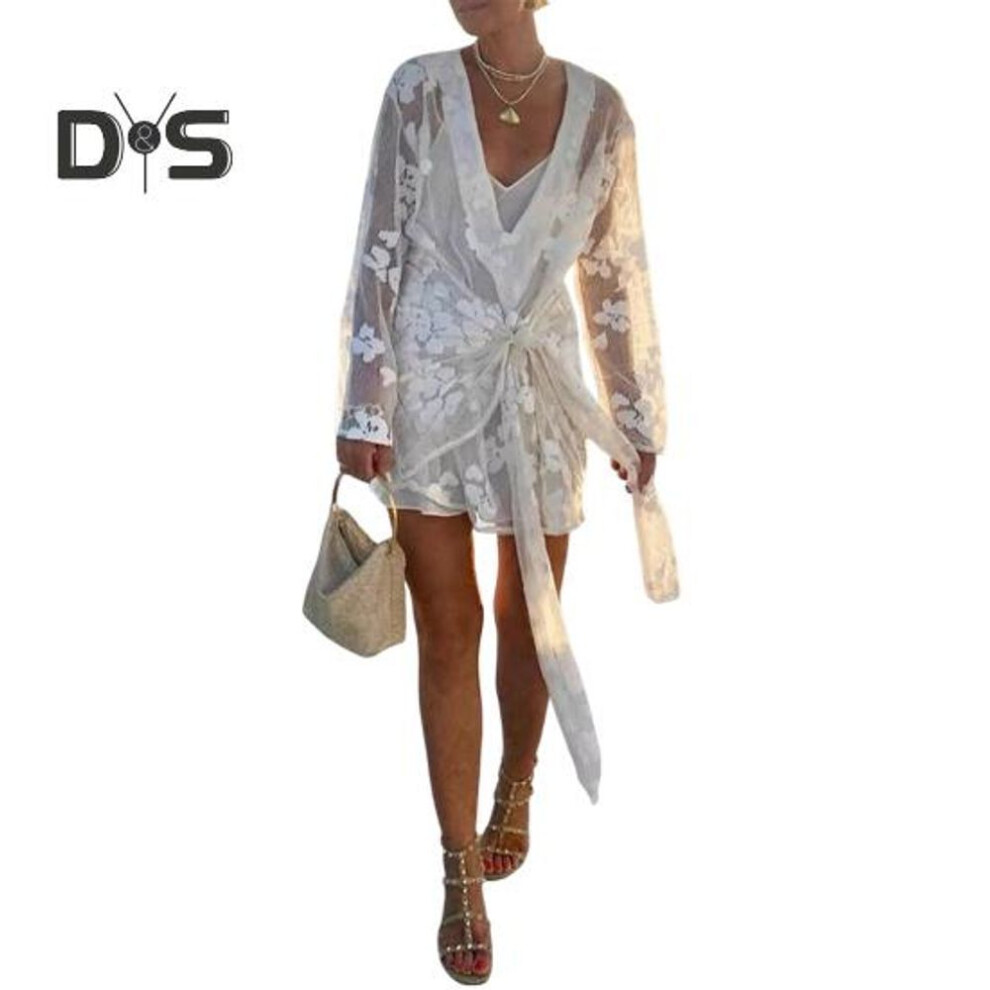 (M, white) Women Bikini Cover-up V-neck Long Sleeve See-through Embroidery Flower Pattern Lace-up Detail Swimwear Cover-up