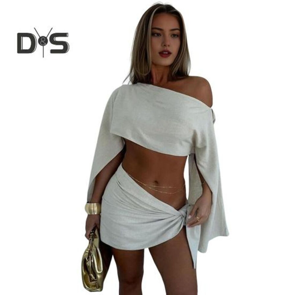 (beige, S) 2Pcs/Set Summer Casual Suit Sloping Shoulder Long Sleeve Tops High Waist Lace-up Mini Skirt Set UV Protection Quick Drying Outfit