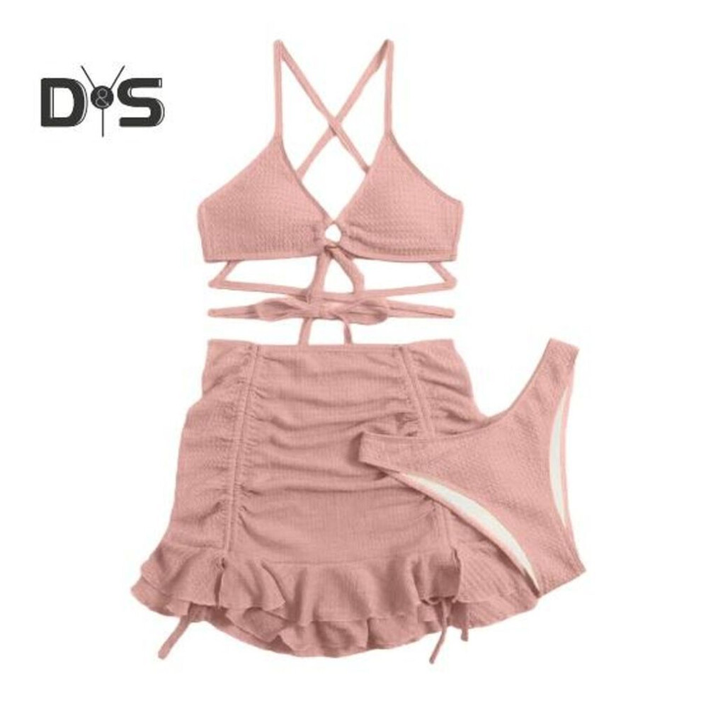 (S, pink) 3Pcs/Set Women Swimsuit Solid Color Wave Texture Sexy Split Bikini with Drawstring Ruffle Trim Skirt Lace-up Beachwear