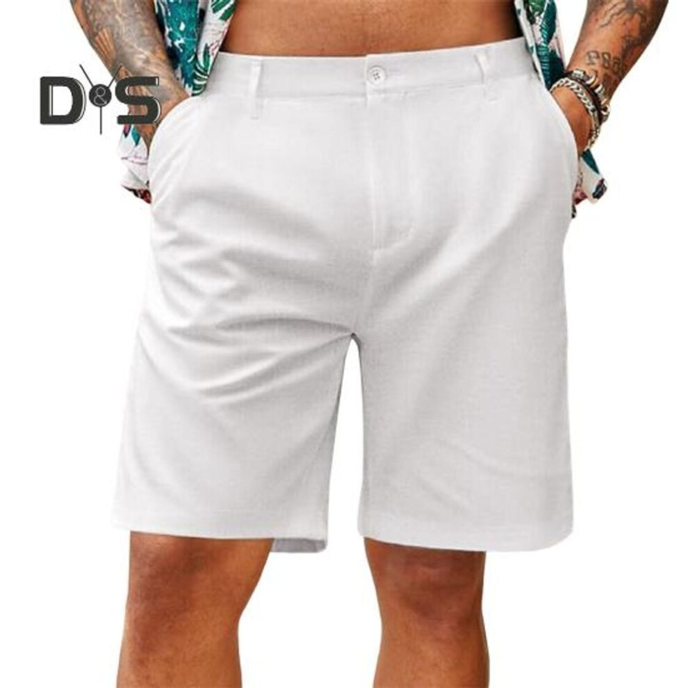 (white, XXXL) Men Shorts Mid-rise Button Zipper Closure Knee-length Shorts With 2 Side Pockets Casual Lightweight Summer Beach Shorts