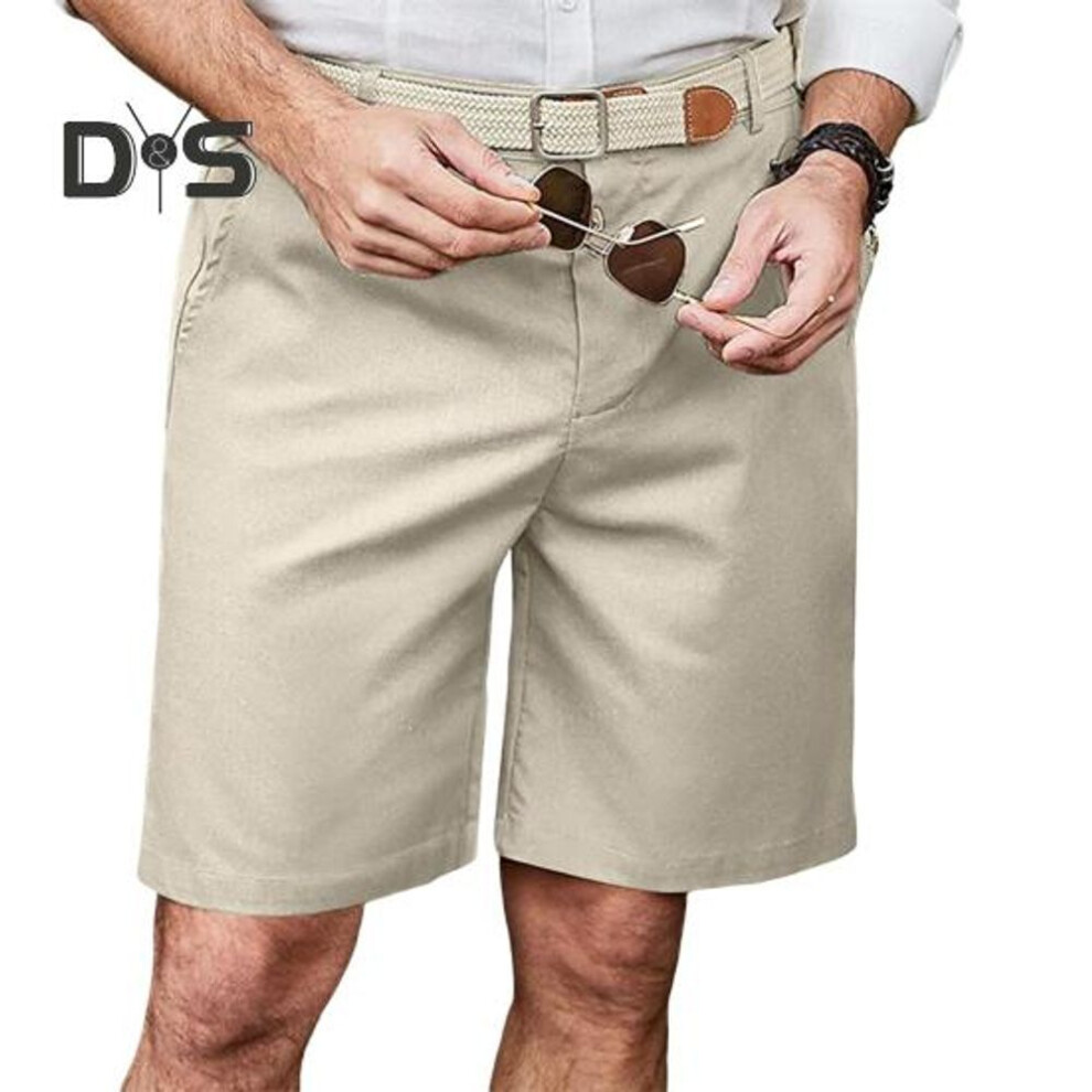 (khaki, L) Men Shorts Mid-rise Button Zipper Closure Knee-length Shorts with 2 Side Pockets Casual Lightweight Summer Beach Shorts