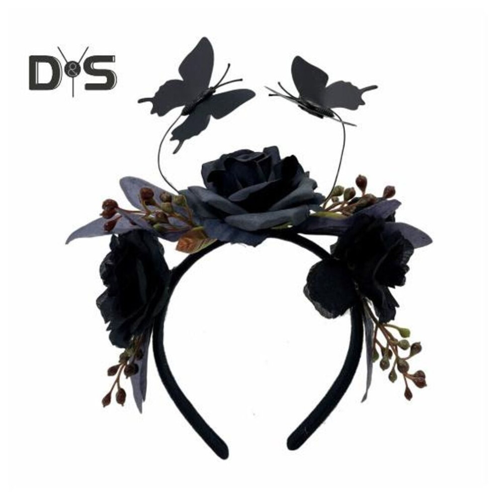 (black) Hair Hoop Halloween Imitation Rose Butterflies Decor Headband Elastic Headpiece Costume Cosplay Party Accessory