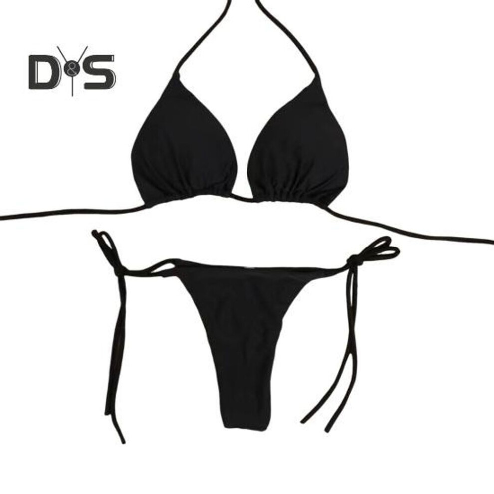 (M, black) 2 Pcs/set Ladies Triangle Bikini Halter Neck Swimwear With Chest Pads Lace-up Thong Swimsuit Sexy Beachwear Bathing Suit For Beach Vacation Pool
