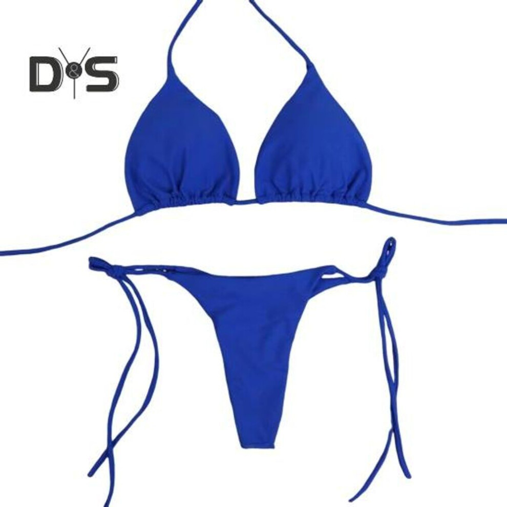 (S, blue) 2 Pcs/Set Ladies Triangle Bikini Halter Neck Swimwear with Chest Pads Lace-up Thong Swimsuit Sexy Beachwear Bathing Suit for Beach Vacation Pool