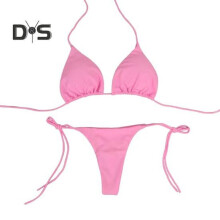 (S, pink) 2 Pcs/Set Ladies Triangle Bikini Halter Neck Swimwear with Chest Pads Lace-up Thong Swimsuit Sexy Beachwear Bathing Suit for Beach Vacation Pool