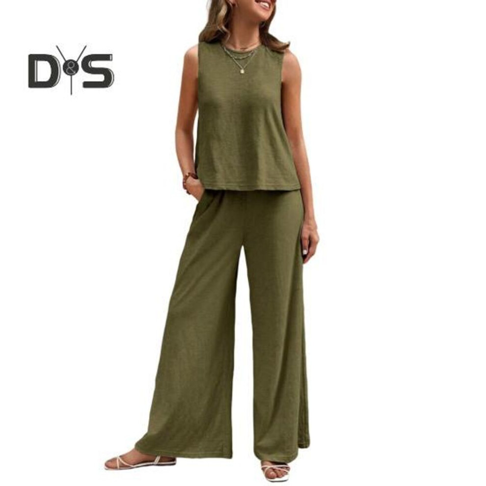 (army green, M) 2 Pcs/set Women Vest Pants Suit Round Neck Sleeveless Solid Color Top High Waist Wide Leg Trousers Vacation Casual Outfit Summer Beach Clothes