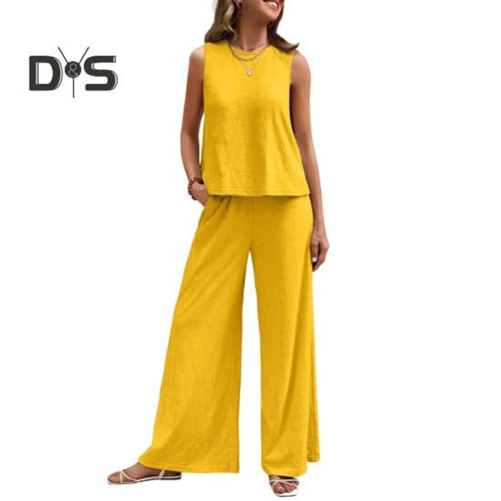 (yellow, L) 2 Pcs/set Women Vest Pants Suit Round Neck Sleeveless Solid Color Top High Waist Wide Leg Trousers Vacation Casual Outfit Summer Beach Clothes