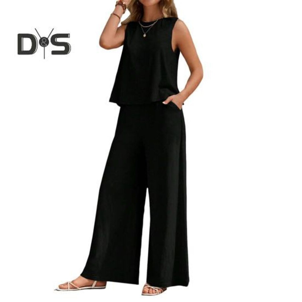 (black, 2XL) 2 Pcs/Set Women Vest Pants Suit Round Neck Sleeveless Solid Color Top High Waist Wide Leg Trousers Vacation Casual Outfit Summer Beach Clothes
