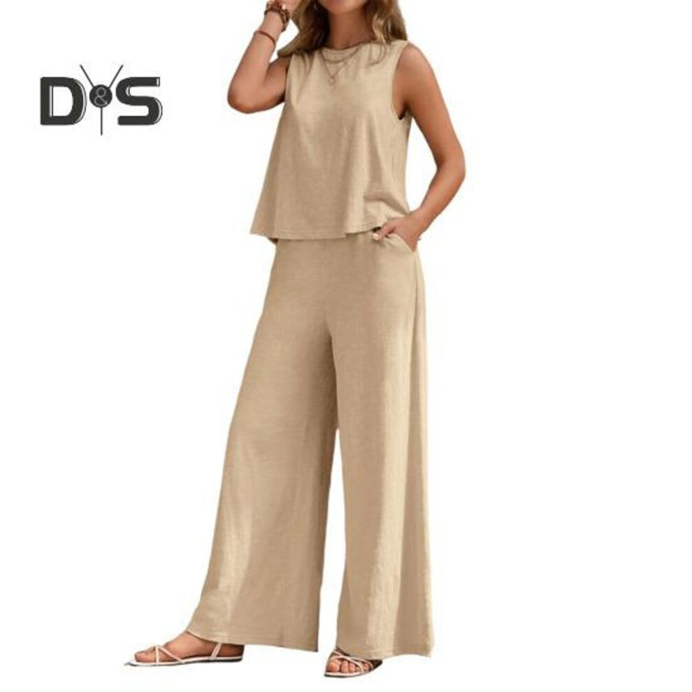 (apricot, S) 2 Pcs/set Women Vest Pants Suit Round Neck Sleeveless Solid Color Top High Waist Wide Leg Trousers Vacation Casual Outfit Summer Beach Clothes