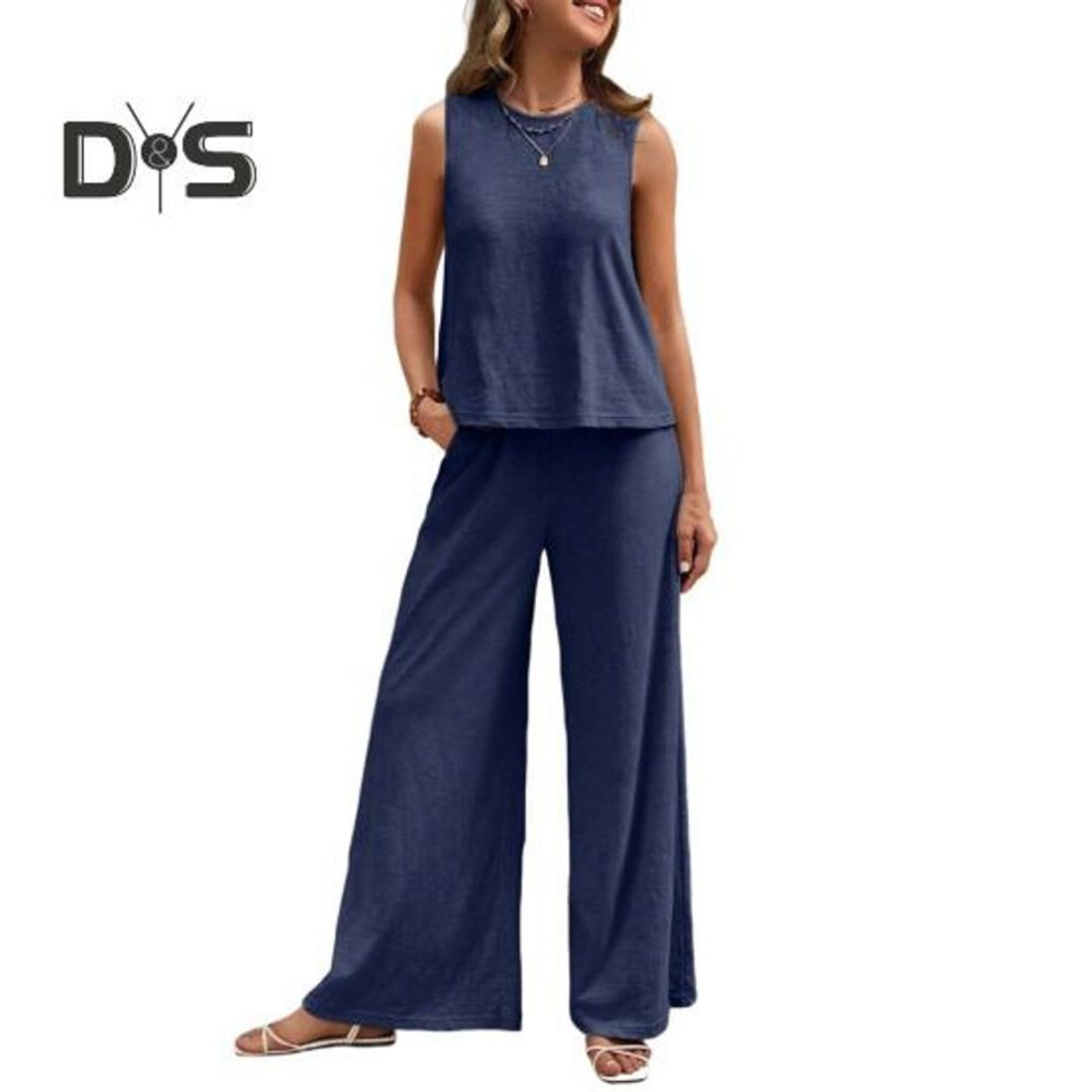 (dark blue, 2XL) 2 Pcs/set Women Vest Pants Suit Round Neck Sleeveless Solid Color Top High Waist Wide Leg Trousers Vacation Casual Outfit Summer Beach Clothes