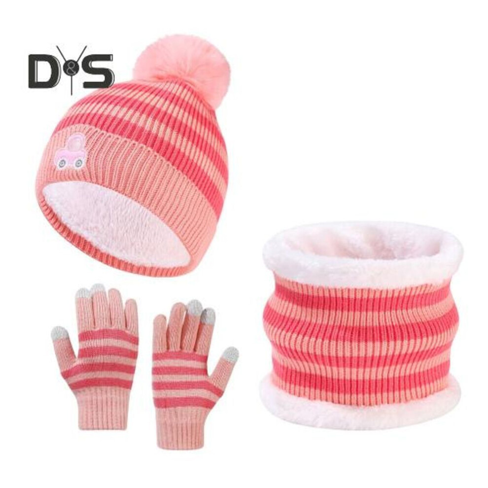 (pink) Warm Knit Pom Thermal Hats Long Scarves Touchscreen Glove Set Friendly To Skin Ultra Thick Fleece Lined Warm Knit Neck Beanie