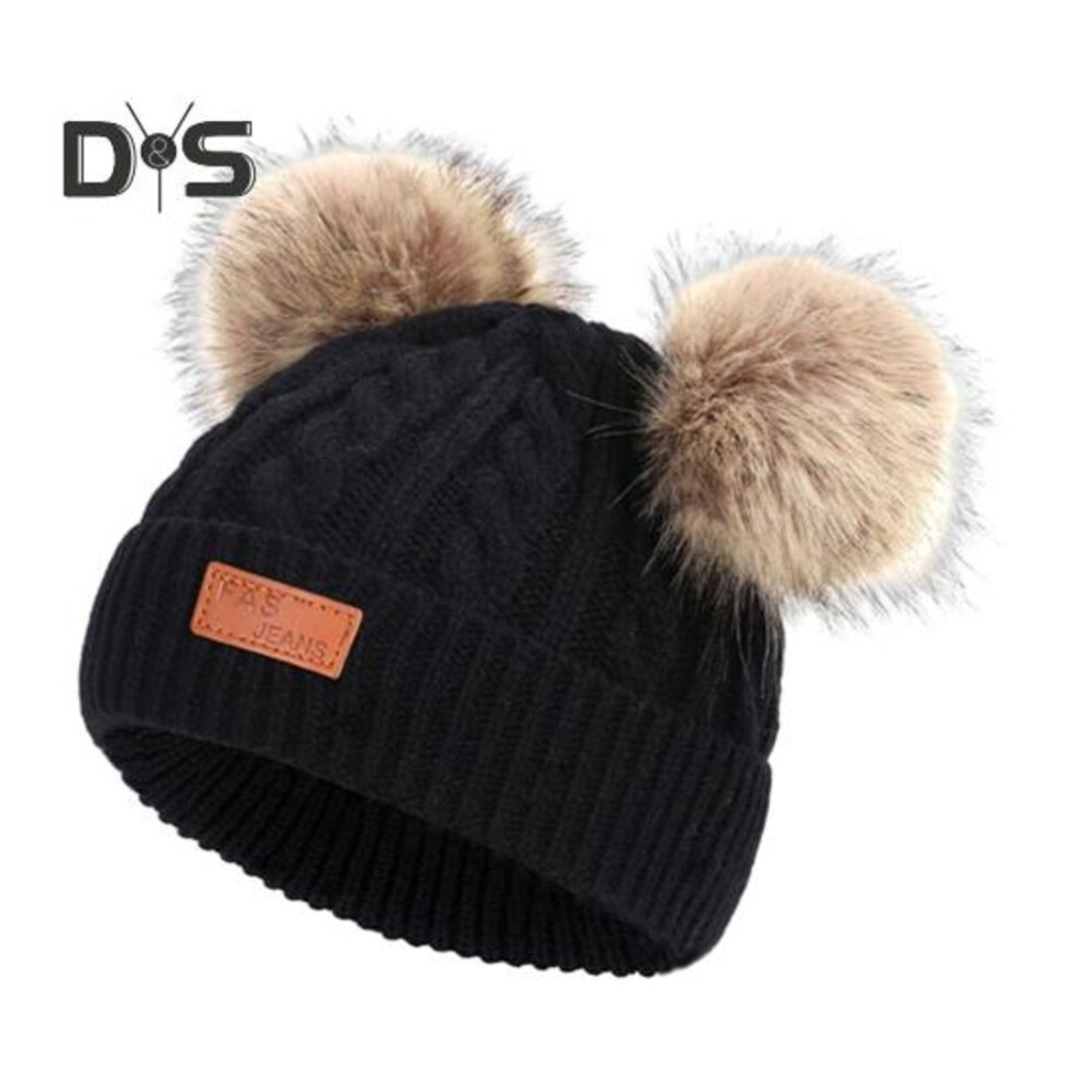 (black) Kids Beanie Fall Winter Knitted Hat with 2 Pompom for Boys Girls 1-4 Years Old Warm Beanie Toddler Hat for Outdoor Activities