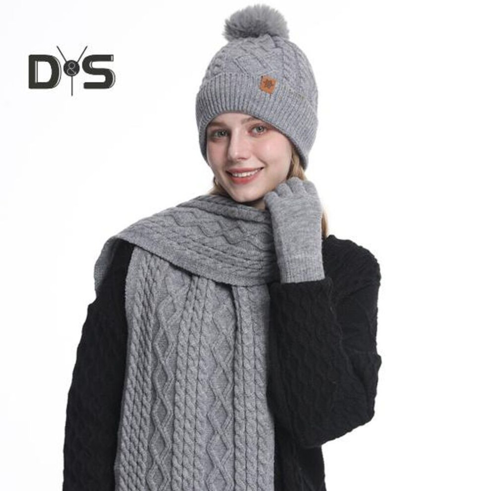 (grey) 3Pcs/Set Winter Hat Scarf Gloves Set Women Plush Ball Decor Beanie Hat Knitted Long Scarf Touchscreen Gloves Set Twist Texture Plush Lining Warm Set