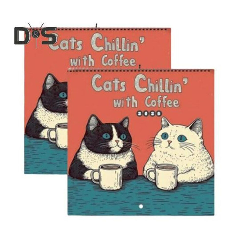 (as the picture, 2pcs) 1/2pcs 2025 Wall Calendar Cats Chillin' With Coffee Wall Calendar 12 Monthly Coffee Cats Calendar Family Office Organizer For Cat Lover Gift