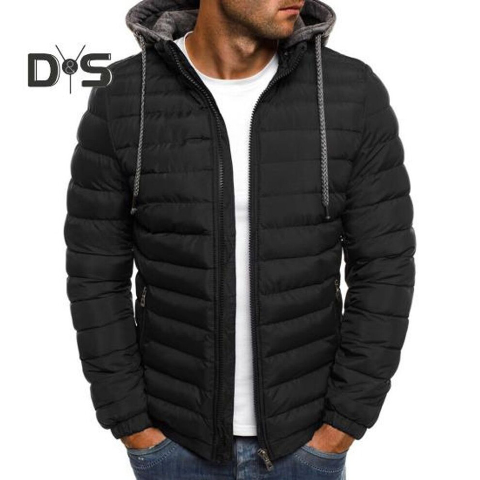 (black, XXL) Men Cotton Coat Drawstring Hooded Long Sleeve Warm Winter Jacket Zipper Placket Plush Lining Thick Outerwear