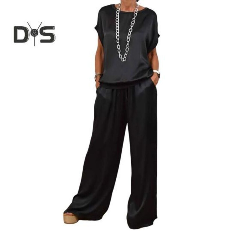 (black, 3XL) 2 Pcs/set Women Top Pants Set Satin Round Neck Half Sleeves Blouse Wide Leg Elastic Waist Trousers With Pockets Daily Leisure Loose Outfit