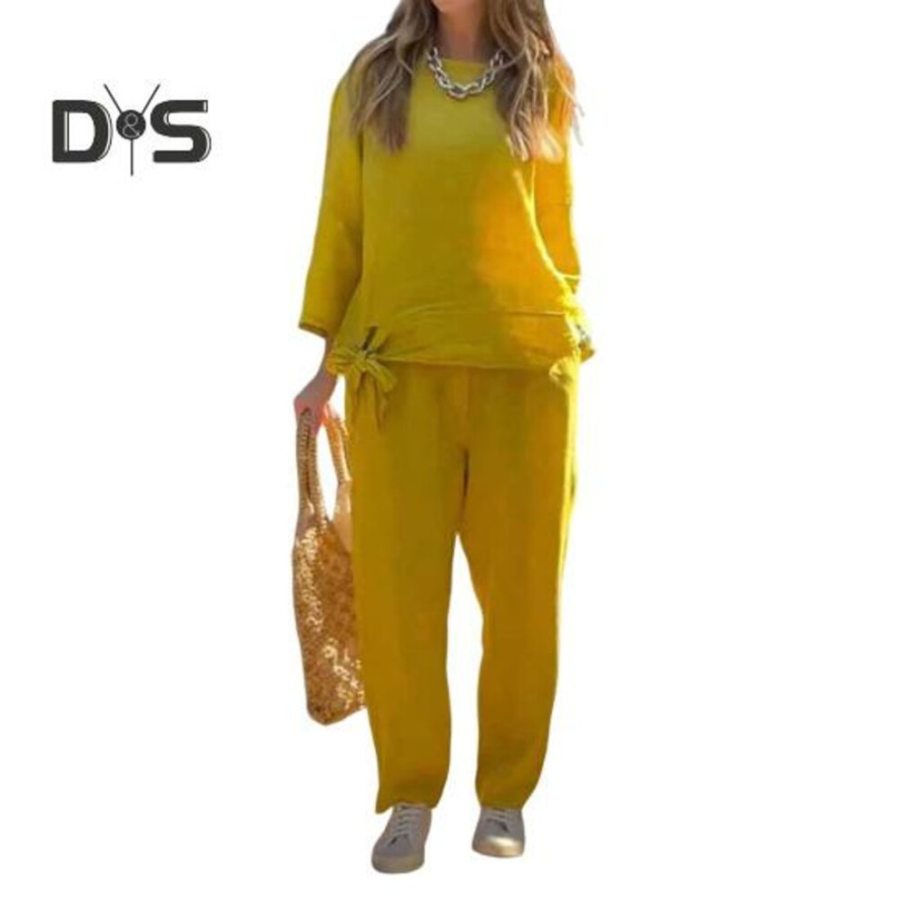 (yellow, M) 2 Pcs/Set Women Top Pants Suit Solid Color Long Sleeves Round Neck Tie-up Hem Top Elastic Waist Straight Leg Trousers Sport Fitness Outfit Fall