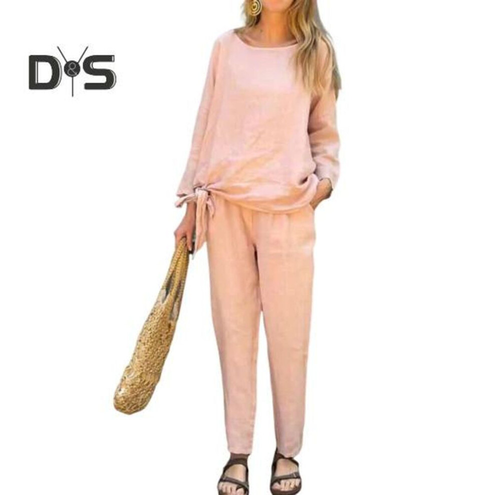 (pink, 2XL) 2 Pcs/Set Women Top Pants Suit Solid Color Long Sleeves Round Neck Tie-up Hem Top Elastic Waist Straight Leg Trousers Sport Fitness Outfit Fall