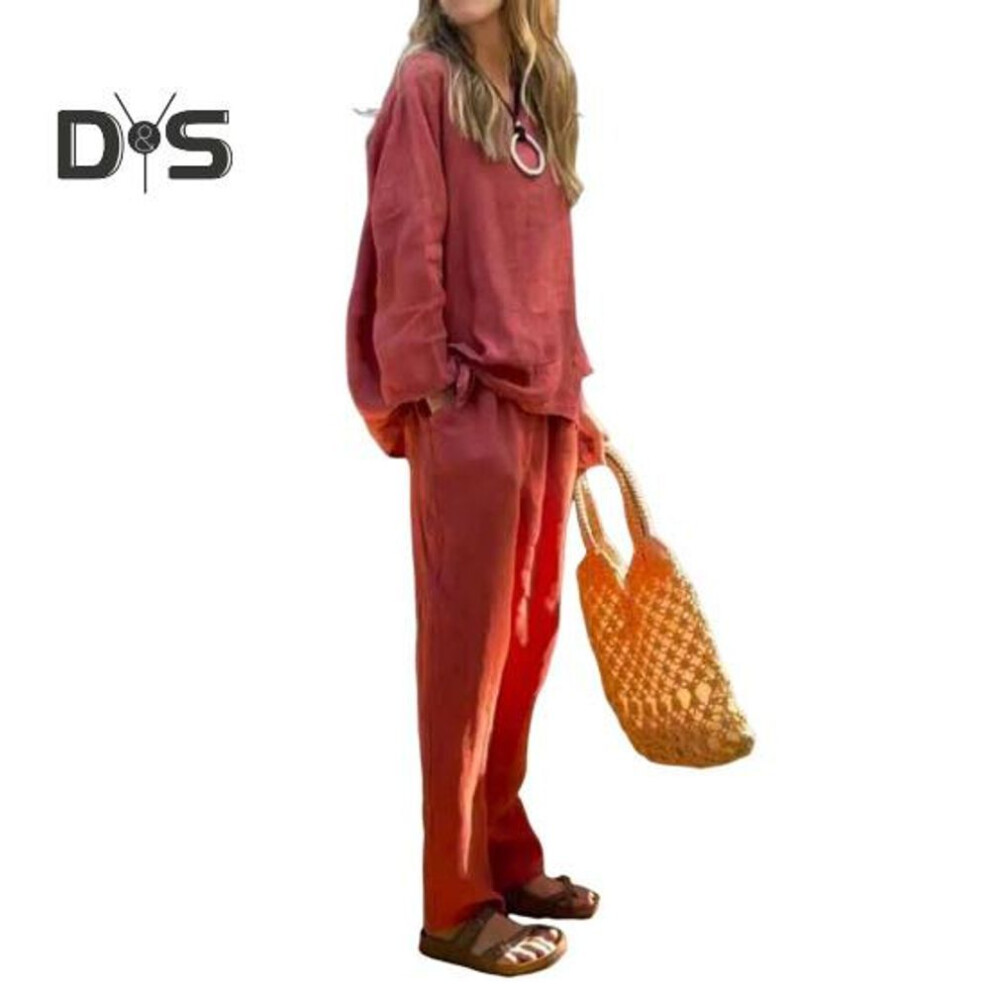 (red, 3XL) 2 Pcs/Set Women Top Pants Suit Solid Color Long Sleeves Round Neck Tie-up Hem Top Elastic Waist Straight Leg Trousers Sport Fitness Outfit Fall