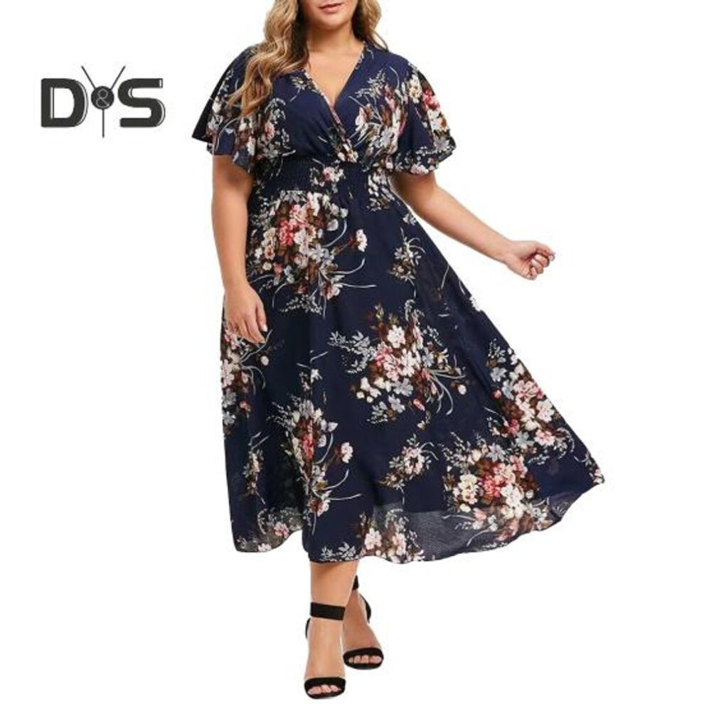 (navy blue, XXXL) Women Dress V Neck High Elastic Waist Flower Printing A-line Big Hem Ruffle Sleeves Pleated Plus Size Maxi Dress
