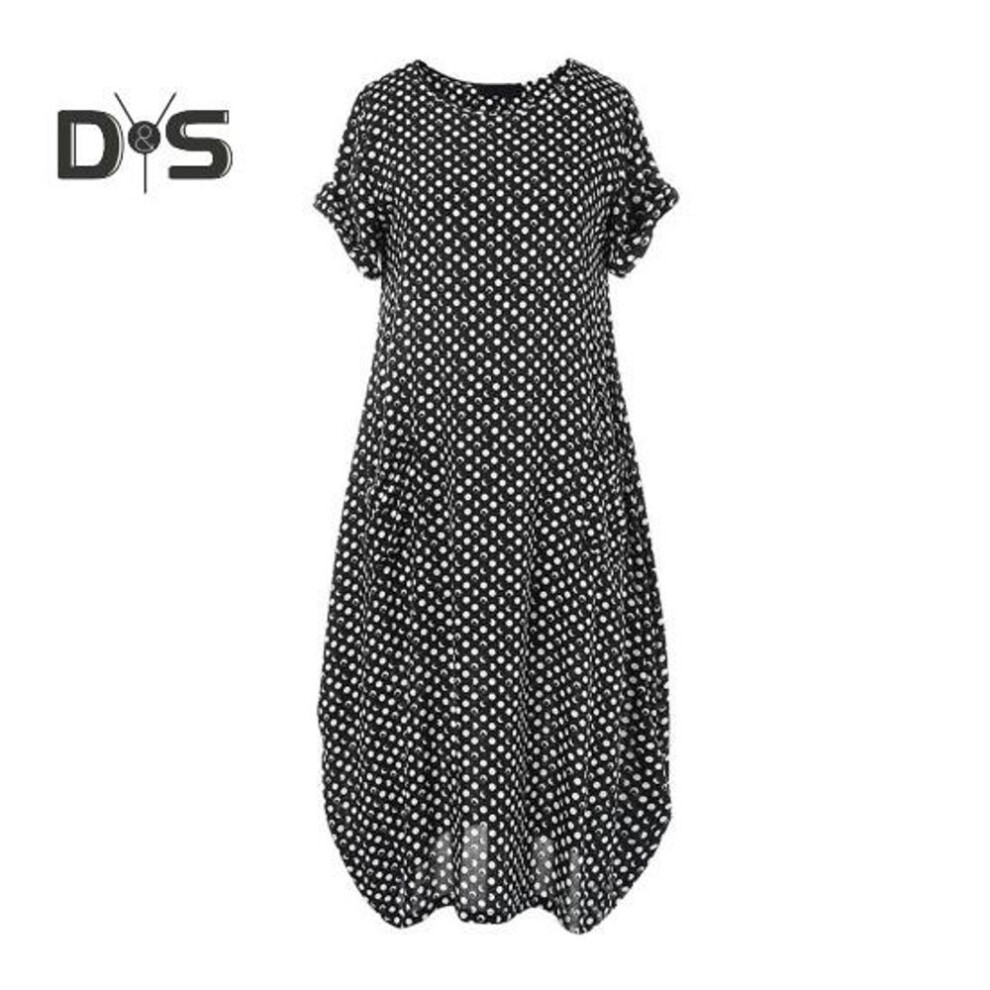 (black, XL) Women Plus Size Dress Dot Printing Bohemian Style Vacation Maxi Dress Round Neck Short Sleeves With Pockets Travel Beach Dress