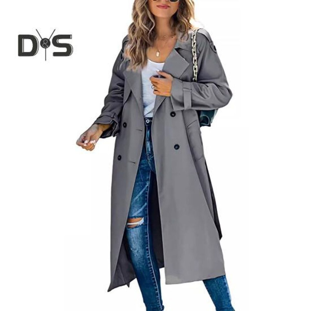 (dark gray, M) Women's Trench Coat Double-breasted Classic Lapel Long Overcoat Windproof Autumn Spring Outerwear Jacket For Work Travel