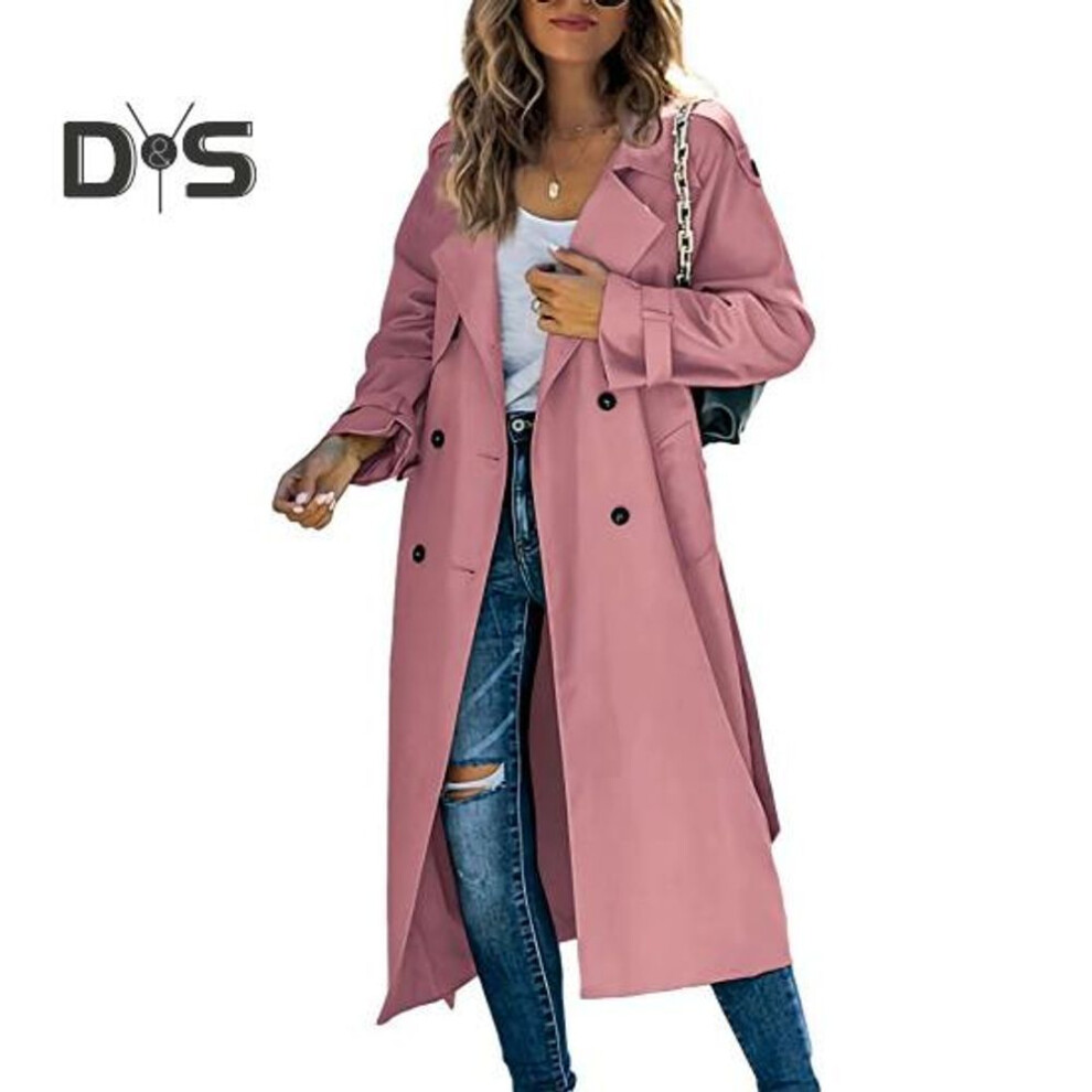 (pink, S) Women's Trench Coat Double-breasted Classic Lapel Long Overcoat Windproof Autumn Spring Outerwear Jacket For Work Travel