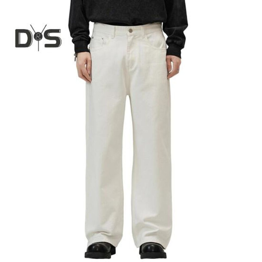 (white, M) Men Pants Solid Color Straight Wide Leg Retro Style Pants With Pockets Zippered Trousers For Daily Home Streetwear Sports