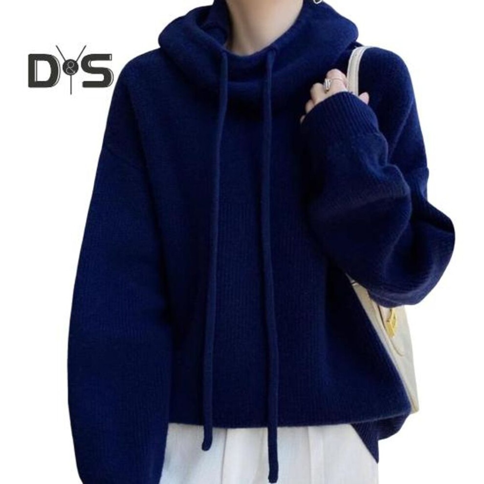 (blue) Women Sweater Pile Collar Drawstring Hooded Long Sleeve Knitting Tops Solid Color Casual Loose Fit Knitwear
