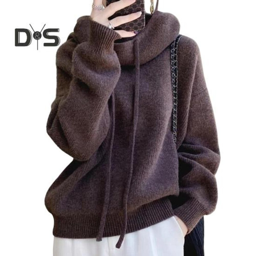 (coffee) Women Sweater Pile Collar Drawstring Hooded Long Sleeve Knitting Tops Solid Color Casual Loose Fit Knitwear