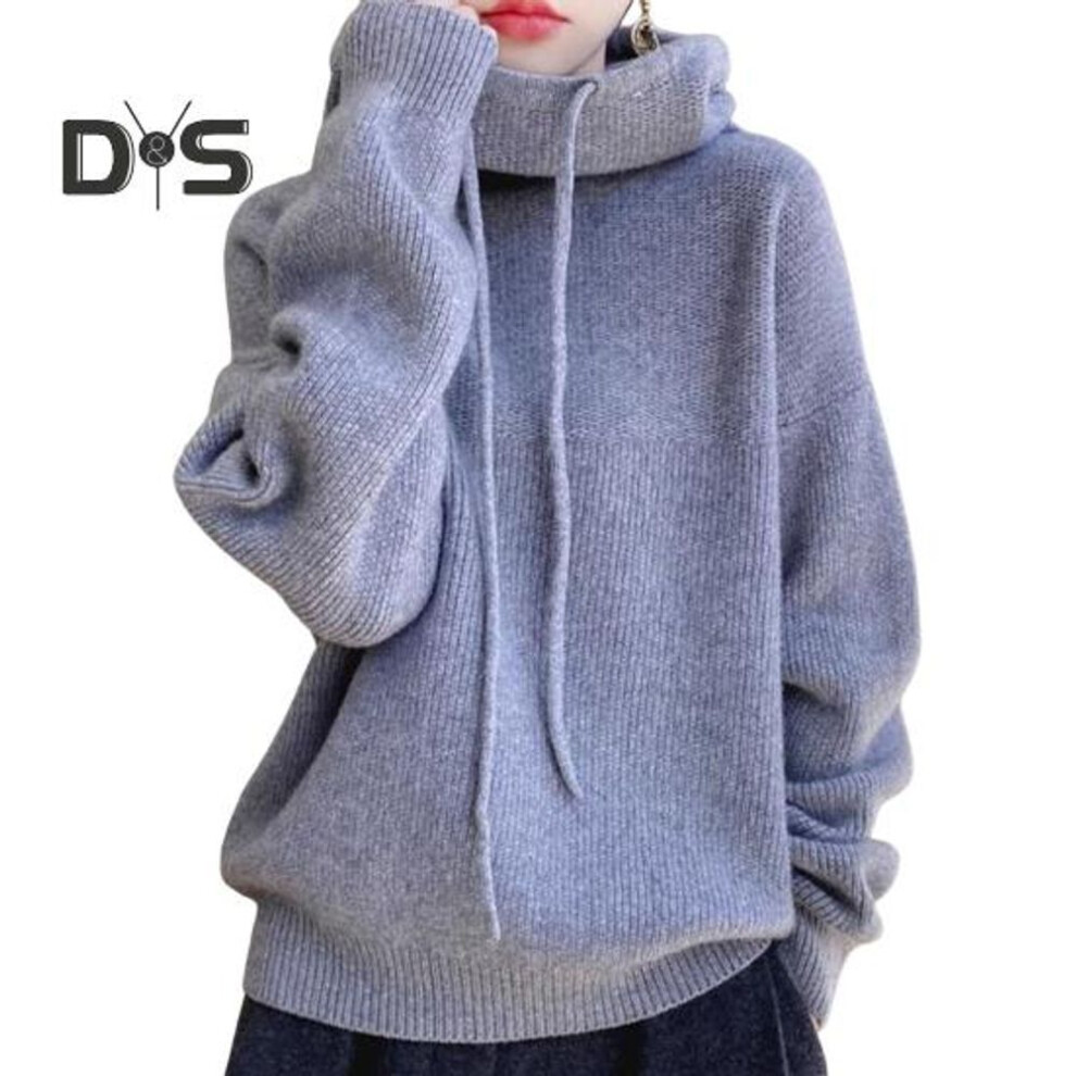 (grey) Women Sweater Pile Collar Drawstring Hooded Long Sleeve Knitting Tops Solid Color Casual Loose Fit Knitwear
