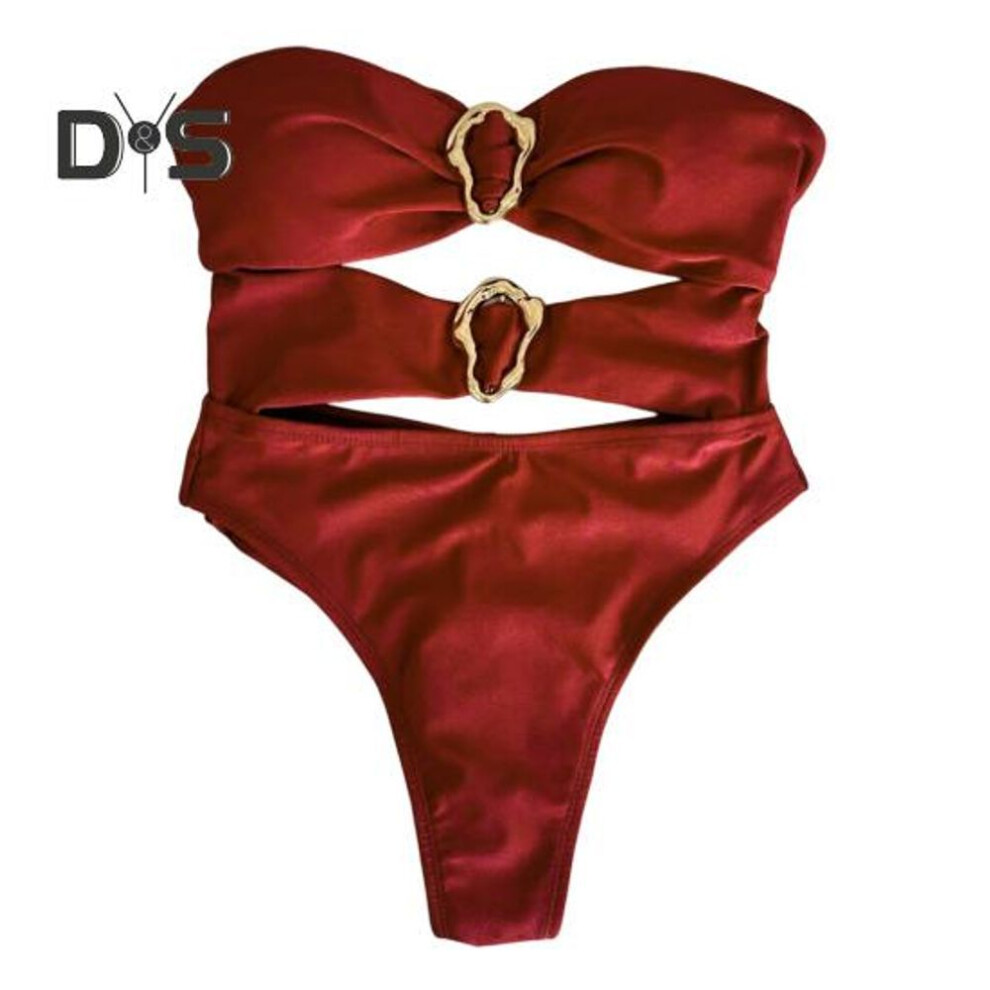 (M, red) Sexy Monokini Off Shoulder Bandeau Hollow Design Solid Color One-piece Swimsuit With Irregular Metal Rings Vacation Wear