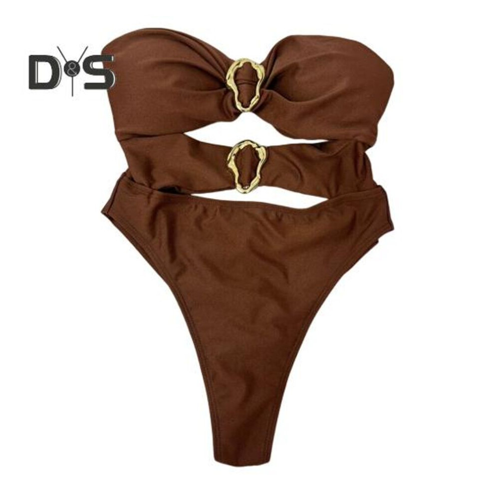 (L, brown) Sexy Monokini Off Shoulder Bandeau Hollow Design Solid Color One-piece Swimsuit with Irregular Metal Rings Vacation Wear