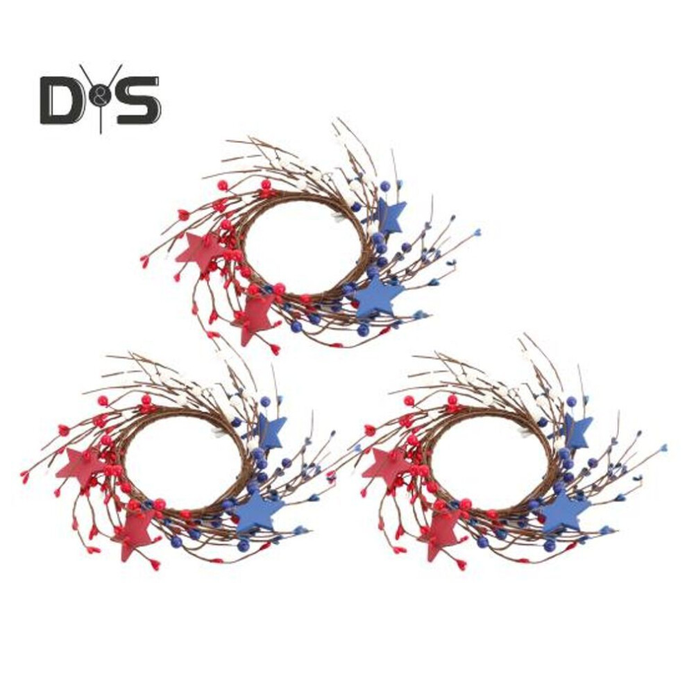 (as the picture, 3pcs) Patriotic Candle Ring Wreath Red White Blue Star Mixed Artificial Berry Candle Wreath Mini Pillar Candle Holder for 4th of July Tabletop Decor
