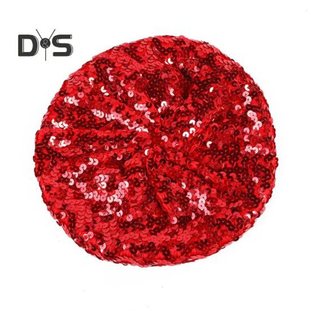 (red) Sequin Beret for Women Sparkling Stage Effect No Brim Flat Top Solid Color Parties Performances Headwear Lady Cap