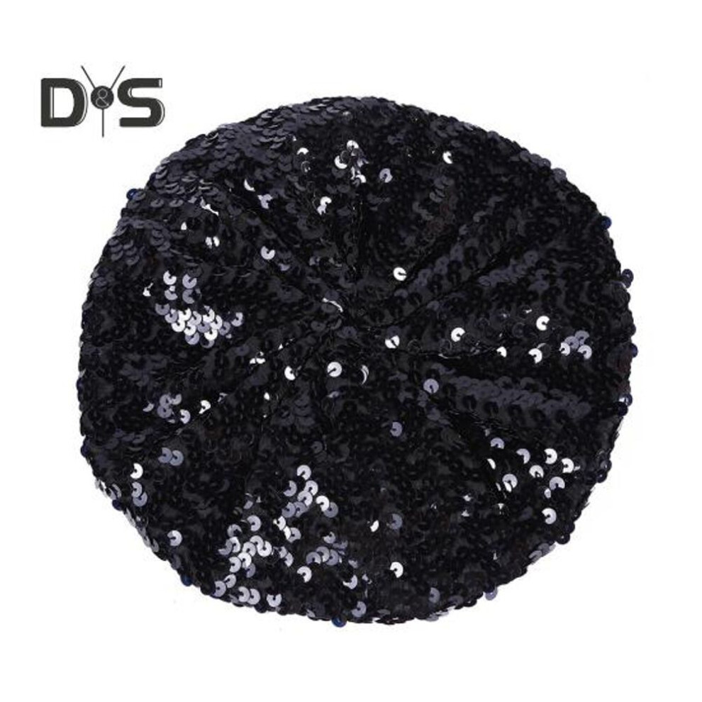 (black) Sequin Beret for Women Sparkling Stage Effect No Brim Flat Top Solid Color Parties Performances Headwear Lady Cap