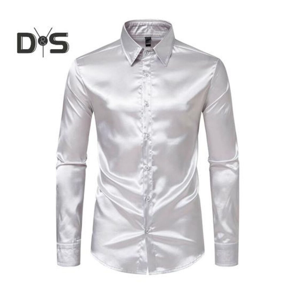 (L, light grey) Men Dress Shirt Glossy Surface Satin Solid Color Turn-down Collar Button-down Mid Length Formal Busines Shirt Party Club Shirt