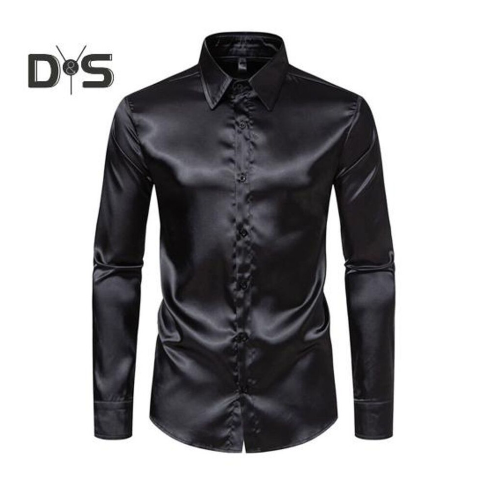 (S, black) Men Dress Shirt Glossy Surface Satin Solid Color Turn-down Collar Button-down Mid Length Formal Busines Shirt Party Club Shirt