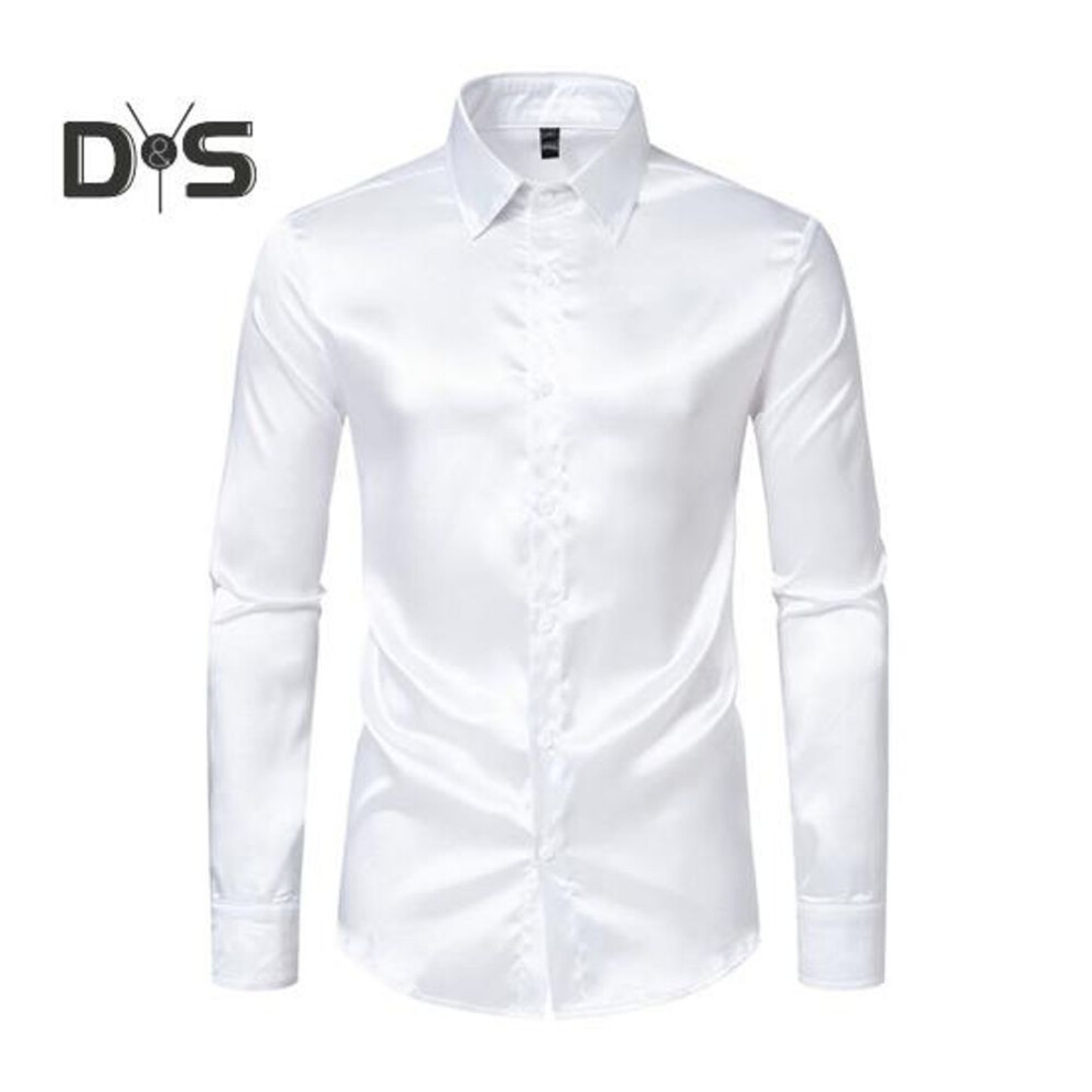 (S, white) Men Dress Shirt Glossy Surface Satin Solid Color Turn-down Collar Button-down Mid Length Formal Busines Shirt Party Club Shirt