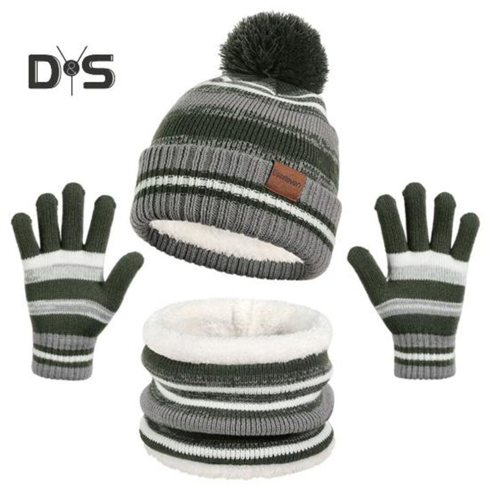 (green) 3 Pcs/set Children Hat Scarf Glove Set Thickened Plush Ball Decor Color Matching Knitted Heat Retention Windproof Keep Warm Girls Boys Outdoor Gloves