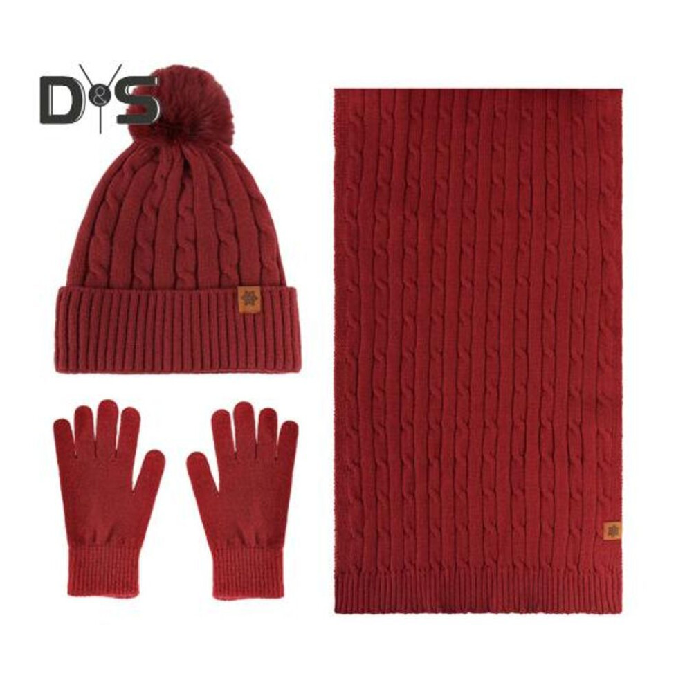 (red) 3Pcs/Set Winter Hat Scarf Gloves Set Women Plush Ball Decor Beanie Hat Knitted Long Scarf Touchscreen Gloves Set Twist Texture Plush Lining Warm Set