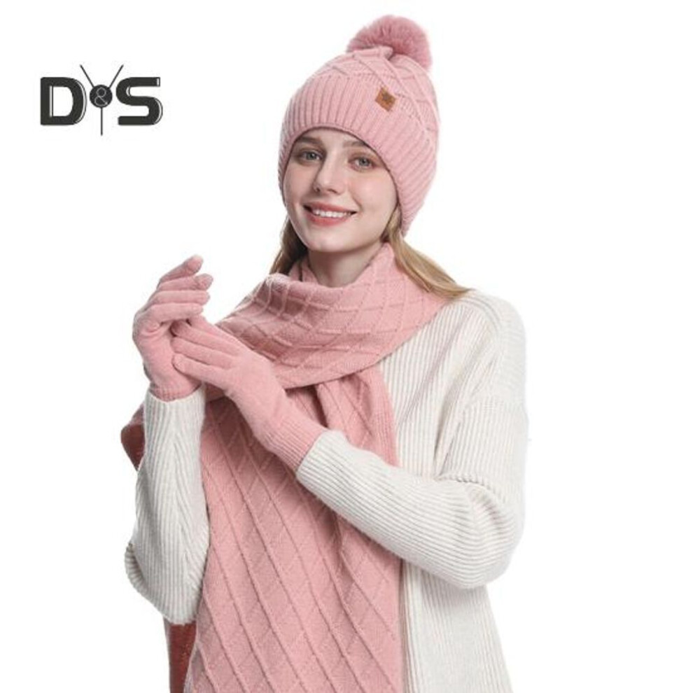 (pink) 3Pcs/Set Winter Hat Scarf Gloves Set Women Plush Ball Decor Beanie Hat Knitted Long Scarf Touchscreen Gloves Set Rhombus Texture Plush Lining Warm Set